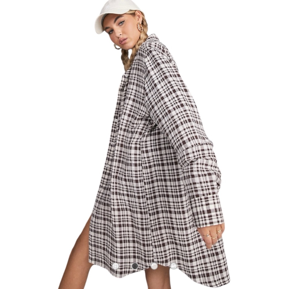 ASOS DESIGN Oversized Seer Sucker Shirt in Brown Check Plaid - Size 4